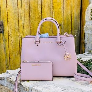 NWT Michael Kors LG Savannah Satchel&wallet blosso